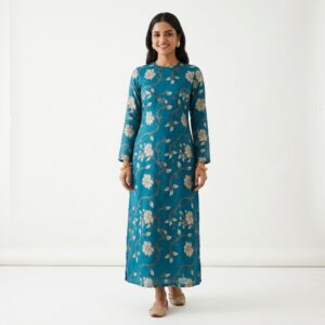 Women's Teal Blue Floral Maxi Kurti | Long Gown Style Ethnic Dress