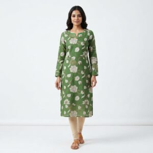 Women's Green Floral Block Print Kurti | Full Sleeve Casual Kurti