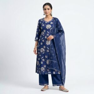 Women's Navy Blue Floral Kurti Palazzo Dupatta Set | 3-Piece Ethnic Suit