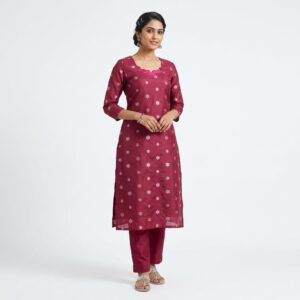 Women's Wine Daisy Print Kurti with Pant Set | Festive Ethnic Wear
