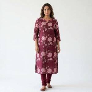 Women's Wine Floral Printed Kurti with Churidar | Casual Ethnic Wear
