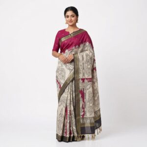 Women's Kalamkari Silk Saree | Magenta Temple Print Traditional Saree