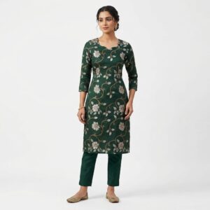 Women's Bottle Green Floral Brocade Kurti Pant Set | Festive Ethnic Wear